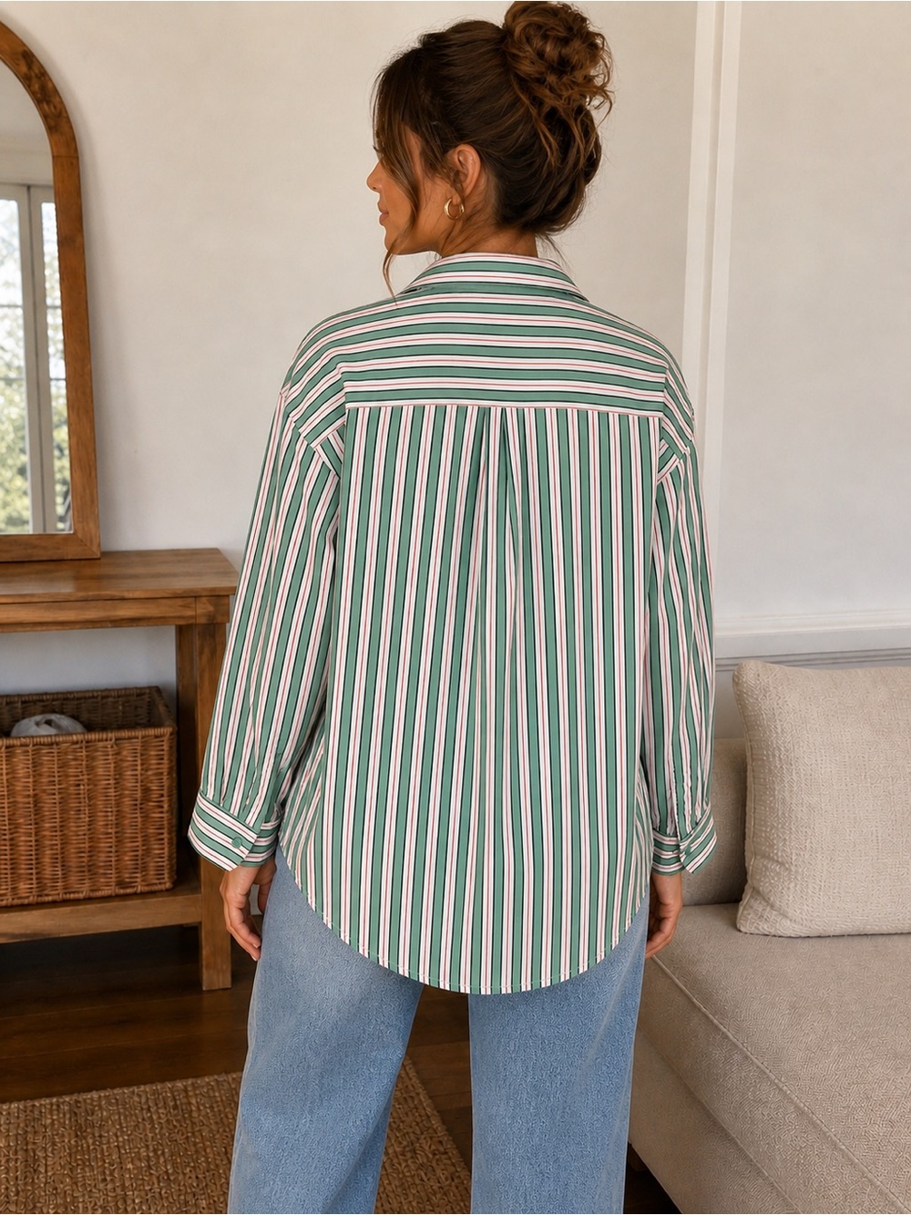 Cotton On Women’s Size Large Green White Striped Button Up Shirt Casual - Picture 2 of 4